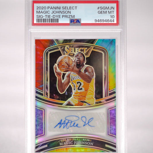 2020 Panini Select Magic Johnson Tie Dye Prizm AUTO PSA 10