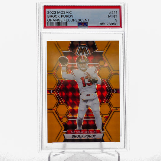 2023 Panini Mosaic Brock Purdy Orange Fluorescent PSA 9